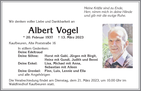 Traueranzeige von Albert Vogel von Allgäuer Zeitung, Kaufbeuren/Buchloe