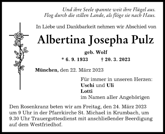 Traueranzeige von Albertina Josepha Pulz von Augsburger Allgemeine, Mittelschwäbische Nachrichten