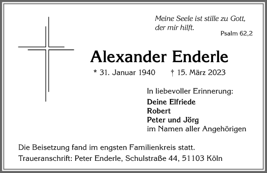 Traueranzeige von Alexander Enderle von Allgäuer Zeitung,Kempten