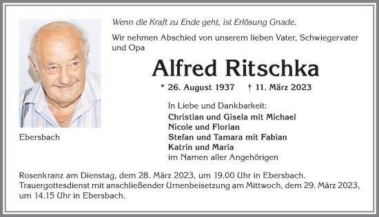 Traueranzeige von Alfred Ritschka von Allgäuer Zeitung, Marktoberdorf