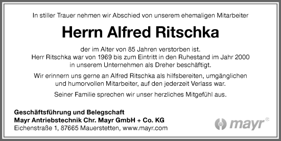 Traueranzeige von Alfred Ritschka von Allgäuer Zeitung, Marktoberdorf