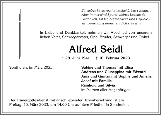 Traueranzeige von Alfred Seidl von Allgäuer Anzeigeblatt