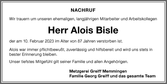 Traueranzeige von Alois Bisle von Memminger Zeitung