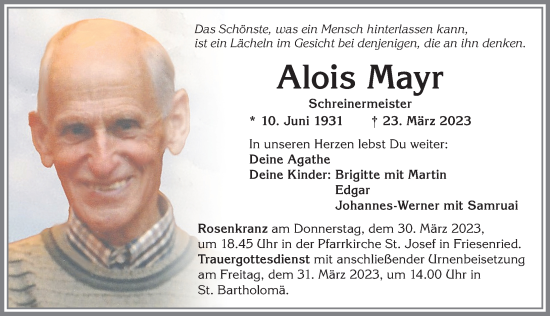 Traueranzeige von Alois Mayr von Allgäuer Zeitung, Marktoberdorf