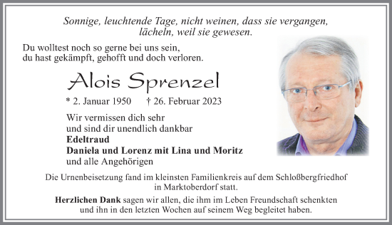 Traueranzeige von Alois Sprenzel von Allgäuer Zeitung, Marktoberdorf