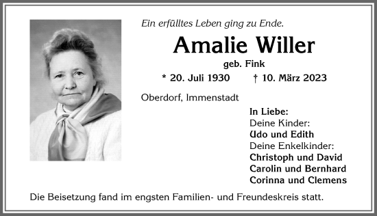 Traueranzeige von Amalie Willer von Allgäuer Anzeigeblatt