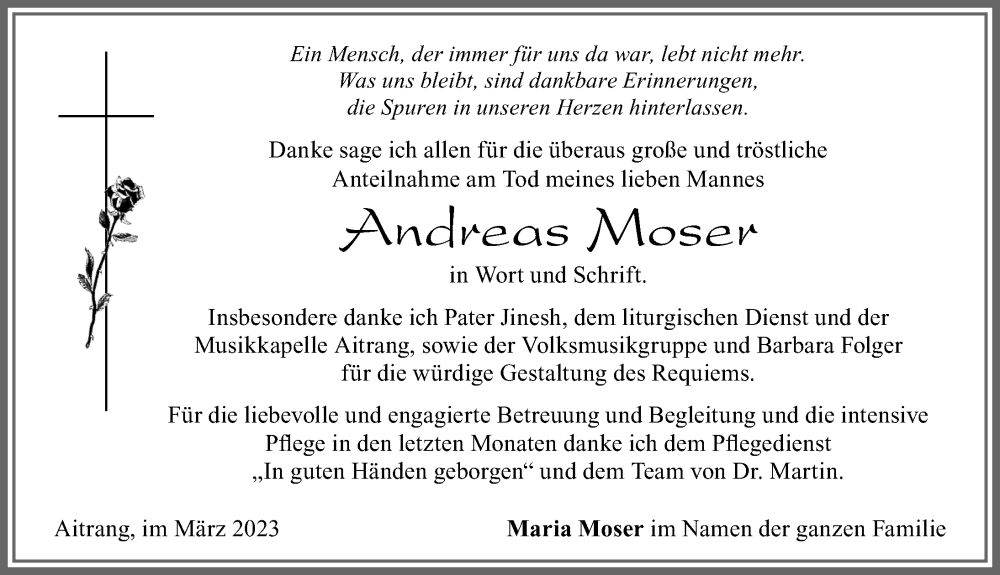  Traueranzeige für Andreas Moser vom 04.03.2023 aus Allgäuer Zeitung, Marktoberdorf