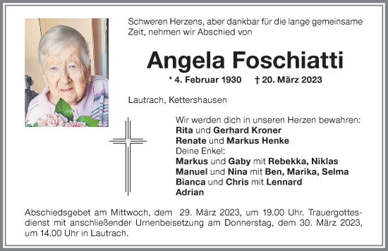 Traueranzeige von Angela Foschiatti von Memminger Zeitung