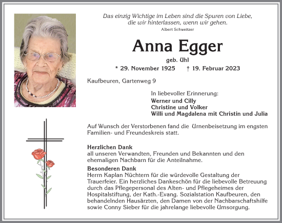 Traueranzeige von Anna Egger von Allgäuer Zeitung, Kaufbeuren/Buchloe