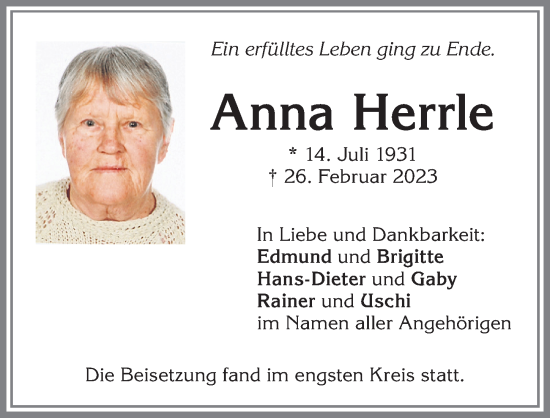 Traueranzeige von Anna Herrle von Allgäuer Zeitung,Kempten