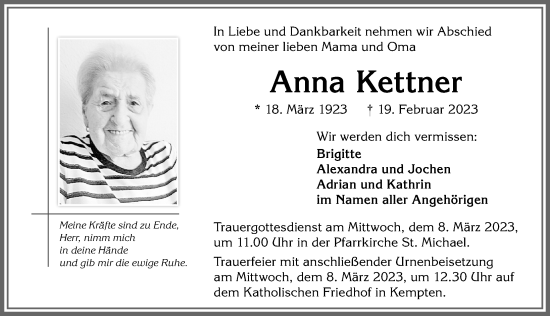 Traueranzeige von Anna Kettner von Allgäuer Zeitung,Kempten
