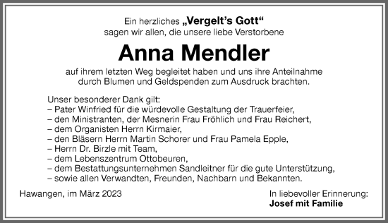 Traueranzeige von Anna Mendler von Memminger Zeitung