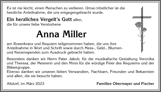 Traueranzeige von Anna Miller von Allgäuer Zeitung, Kaufbeuren/Buchloe