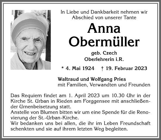 Traueranzeige von Anna Obermüller von Allgäuer Zeitung, Füssen