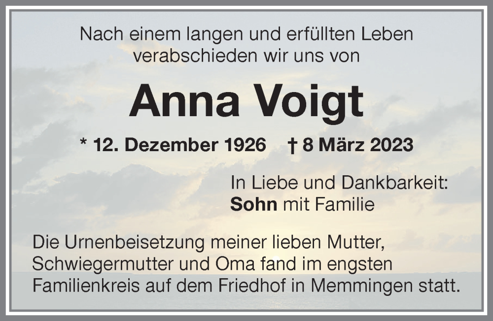  Traueranzeige für Anna Voigt vom 18.03.2023 aus Memminger Zeitung