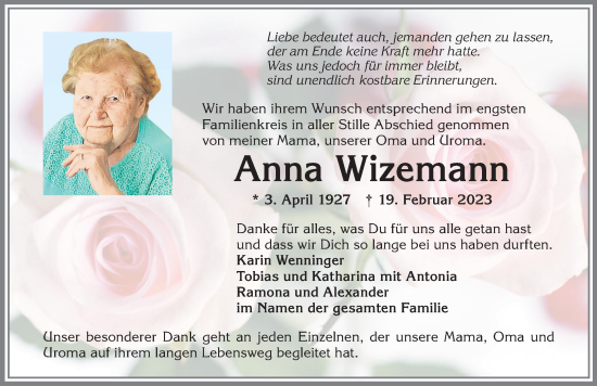 Traueranzeige von Anna Wizemann von Allgäuer Zeitung,Kempten