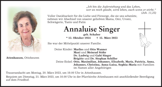 Traueranzeige von Annaluise Singer von Memminger Zeitung
