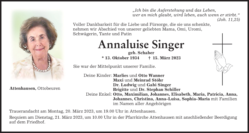  Traueranzeige für Annaluise Singer vom 18.03.2023 aus Memminger Zeitung