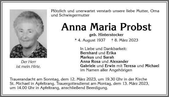 Traueranzeige von Anna Maria Probst von Allgäuer Zeitung, Kaufbeuren/Buchloe