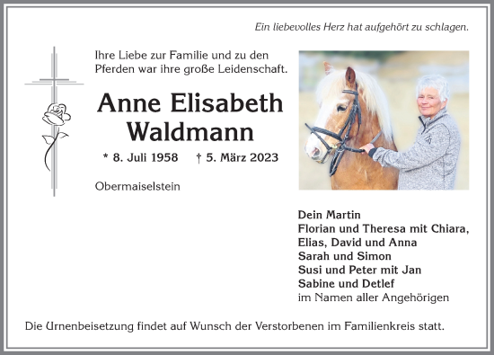 Traueranzeige von Anne Elisabeth Waldmann von Allgäuer Anzeigeblatt