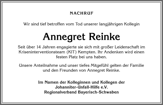 Traueranzeige von Annegret Reinke von Allgäuer Zeitung,Kempten
