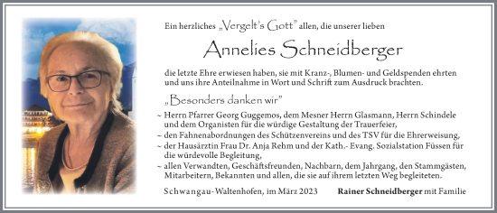 Traueranzeige von Annelies Schneidberger von Allgäuer Zeitung, Füssen