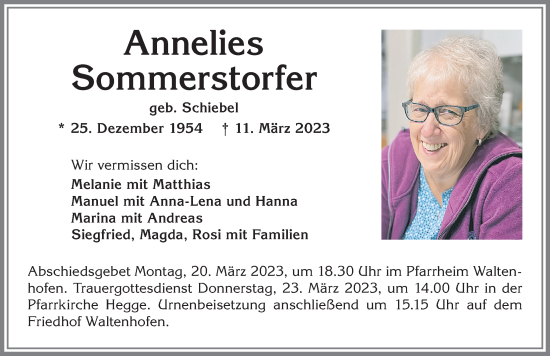 Traueranzeige von Annelies Sommerstorfer von Allgäuer Zeitung,Kempten