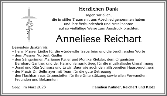 Traueranzeige von Anneliese Reichart von Allgäuer Zeitung, Füssen