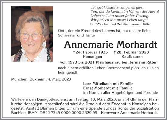 Traueranzeige von Annemarie Morhardt von Allgäuer Zeitung, Kaufbeuren/Buchloe