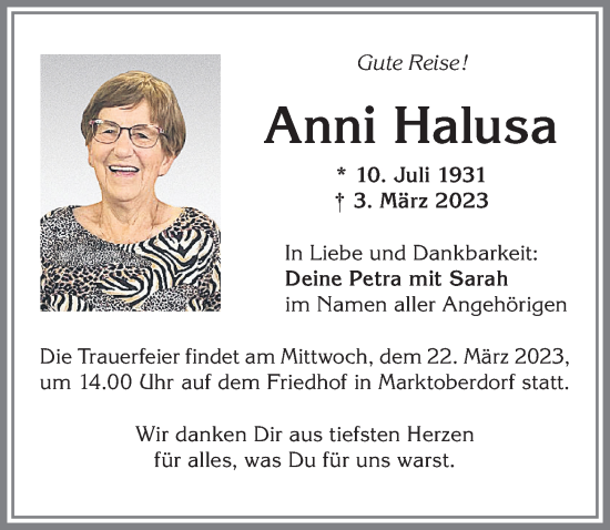 Traueranzeige von Anni Halusa von Allgäuer Zeitung, Marktoberdorf