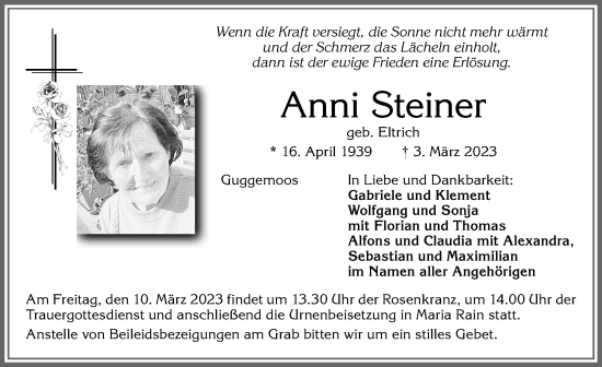 Traueranzeige von Anni Steiner von Allgäuer Zeitung,Kempten