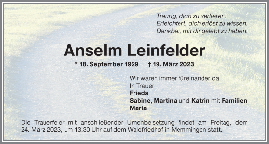Traueranzeige von Anselm Leinfelder von Memminger Zeitung