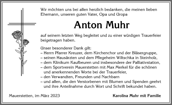 Traueranzeige von Anton Muhr von Allgäuer Zeitung, Kaufbeuren/Buchloe