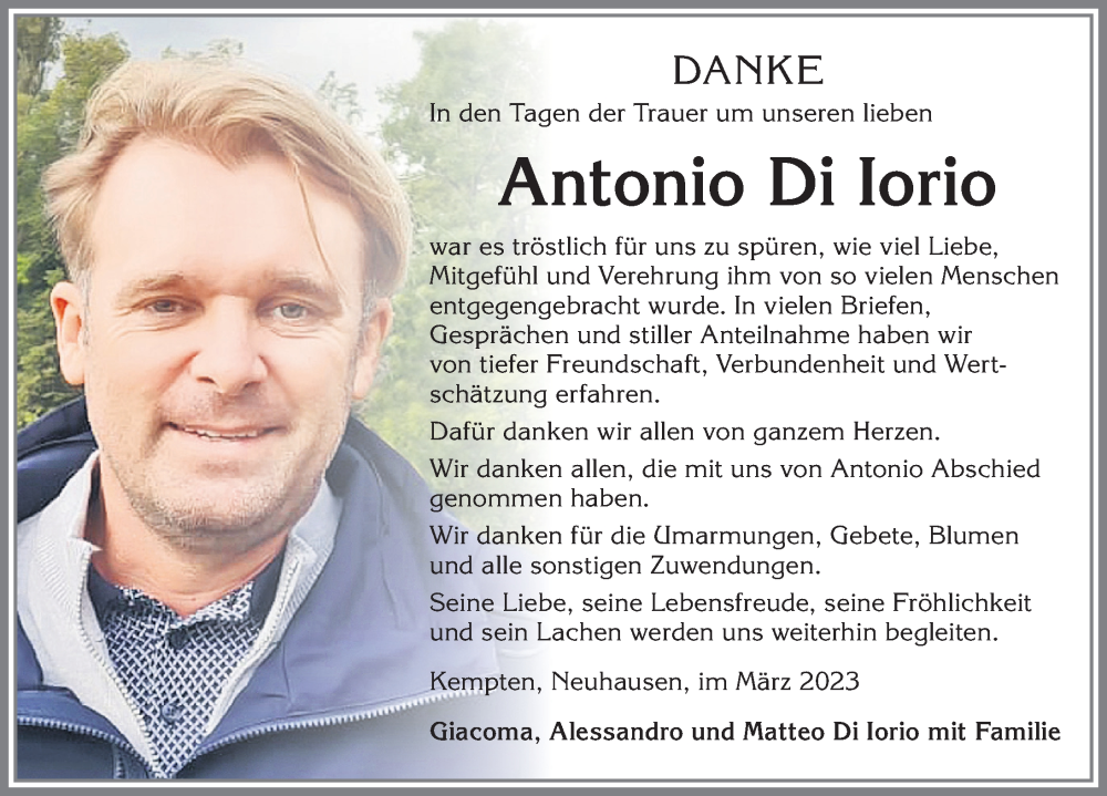  Traueranzeige für Antonio Di Iorio vom 25.03.2023 aus Allgäuer Zeitung,Kempten