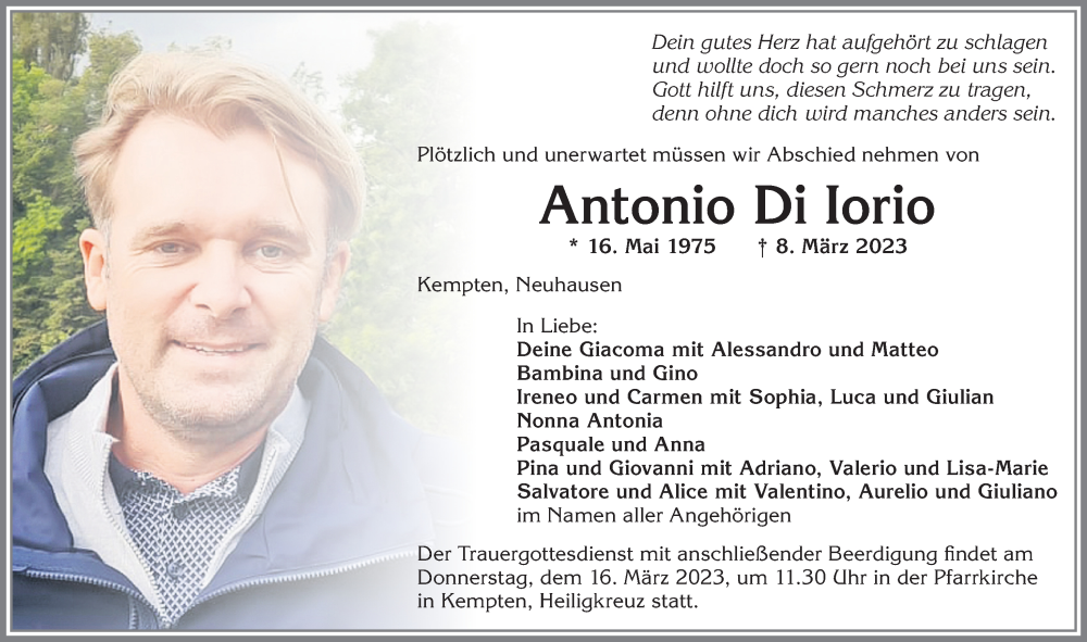  Traueranzeige für Antonio Di Iorio vom 11.03.2023 aus Allgäuer Zeitung,Kempten