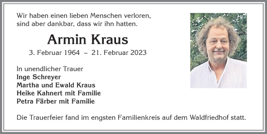 Traueranzeige von Armin Kraus von Memminger Zeitung