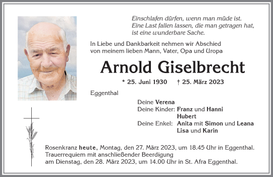Traueranzeige von Arnold Giselbrecht von Allgäuer Zeitung, Kaufbeuren/Buchloe