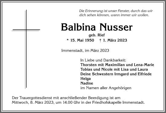 Traueranzeige von Balbina Nusser von Allgäuer Anzeigeblatt