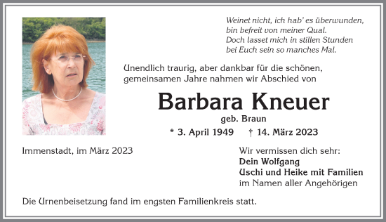 Traueranzeige von Barbara Kneuer von Allgäuer Anzeigeblatt