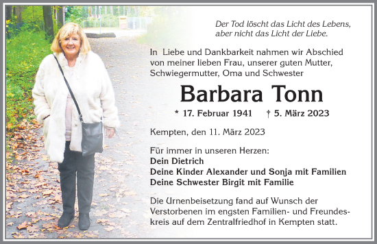 Traueranzeige von Barbara Tonn von Allgäuer Zeitung,Kempten
