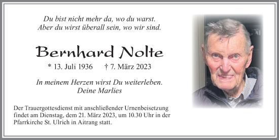Traueranzeige von Bernhard Nolte von Allgäuer Zeitung, Marktoberdorf