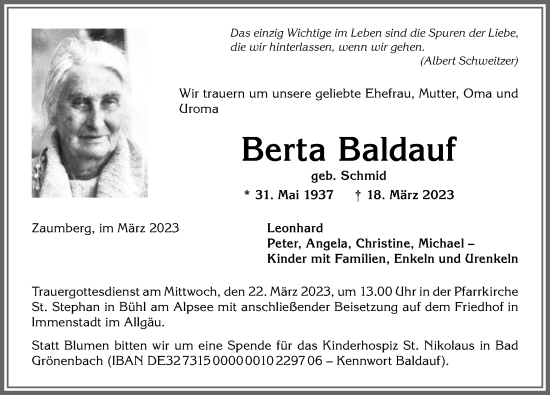 Traueranzeige von Berta Baldauf von Allgäuer Anzeigeblatt