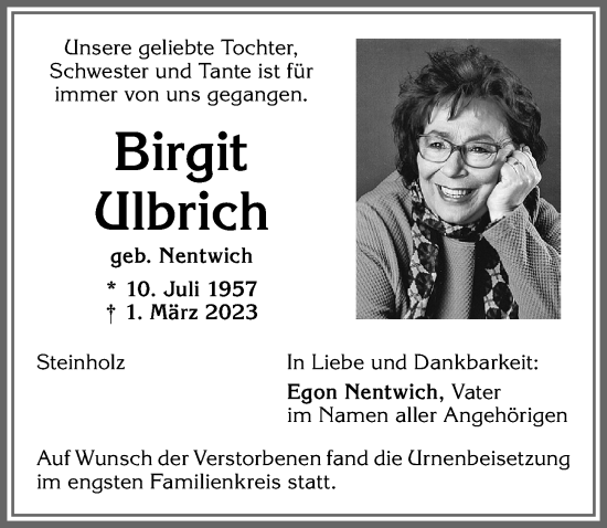 Traueranzeige von Birgit Ulbrich von Allgäuer Zeitung, Kaufbeuren/Buchloe