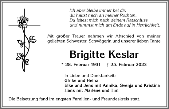 Traueranzeige von Brigitte Keslar von Allgäuer Zeitung,Kempten