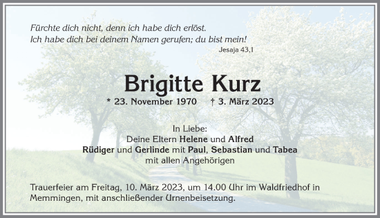Traueranzeige von Brigitte Kurz von Memminger Zeitung
