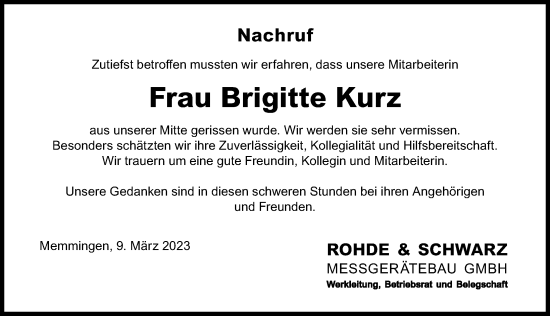 Traueranzeige von Brigitte Kurz von Memminger Zeitung