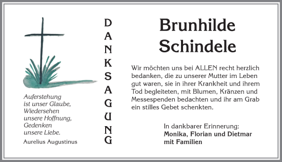 Traueranzeige von Brunhilde Schindele von Allgäuer Zeitung,Kempten