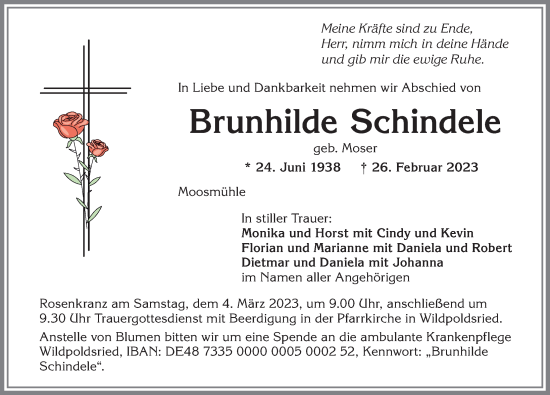 Traueranzeige von Brunhilde Schindele von Allgäuer Zeitung,Kempten