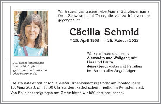 Traueranzeige von Cäcilia Schmid von Allgäuer Zeitung,Kempten