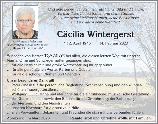 Traueranzeige von Cäcilia Wintergerst von Allgäuer Zeitung, Marktoberdorf